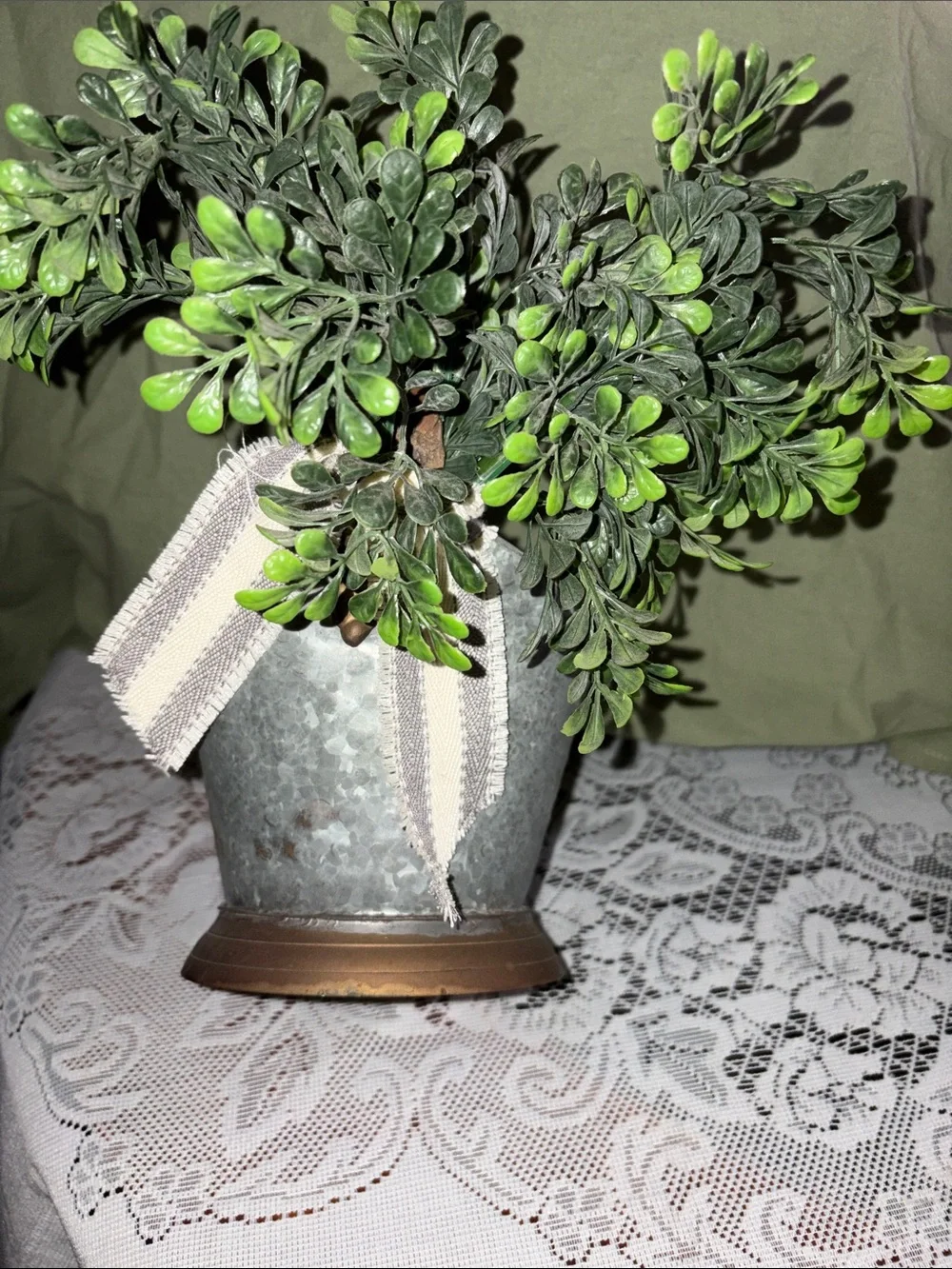 Rustic Gray Metal Bucket with Green Faux Boxwood Accent